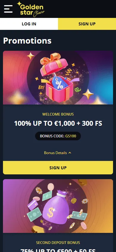 Golden Star Casino Android mobile promotions screen