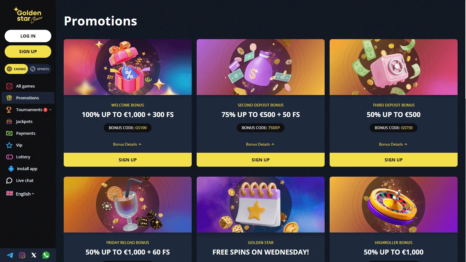 Golden Star Casino desktop promotions screen